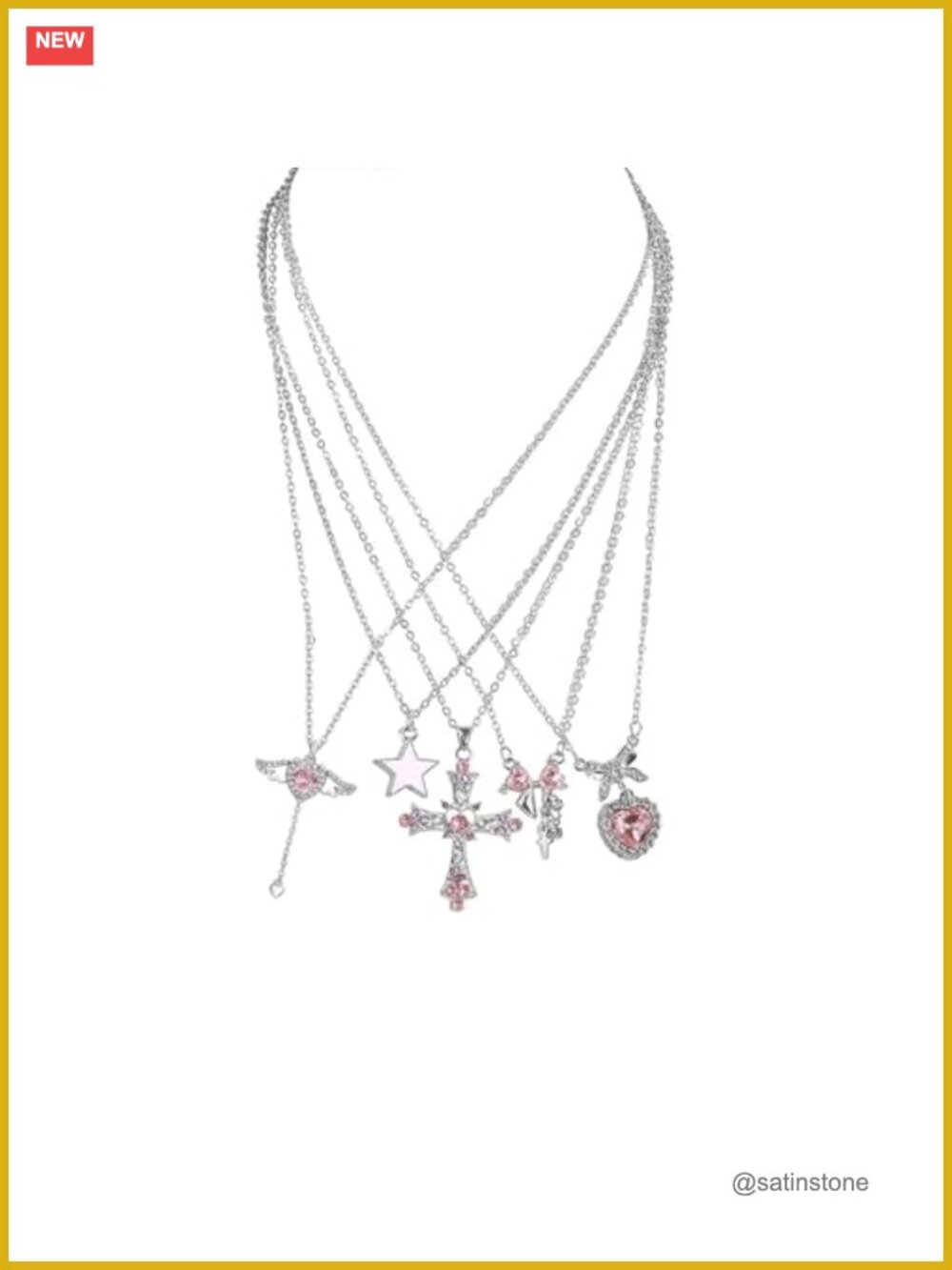 Y2K Layered Necklace Set 5 Pcs Gothic Cross Heart Wings Star Bowknot Pink